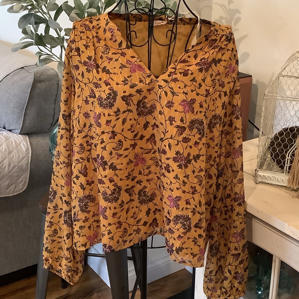 Faherty Mustard and Purple Floral Blouse